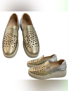 Wonders Fly Gold Metallic Laser-Cut Slip-On Sneakers S9